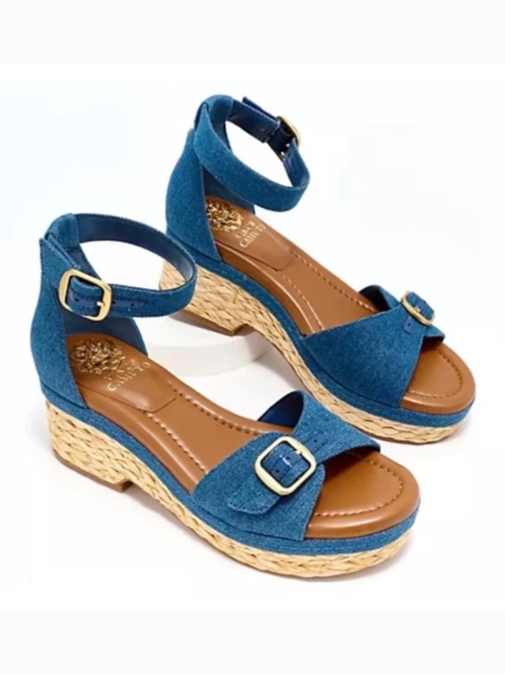 Vince Camuto Meterry Adjustable Wedge Sandals Denim SZ 9